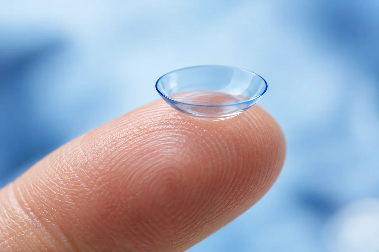 Close-up of an Ortho-K lens resting on a fingertip