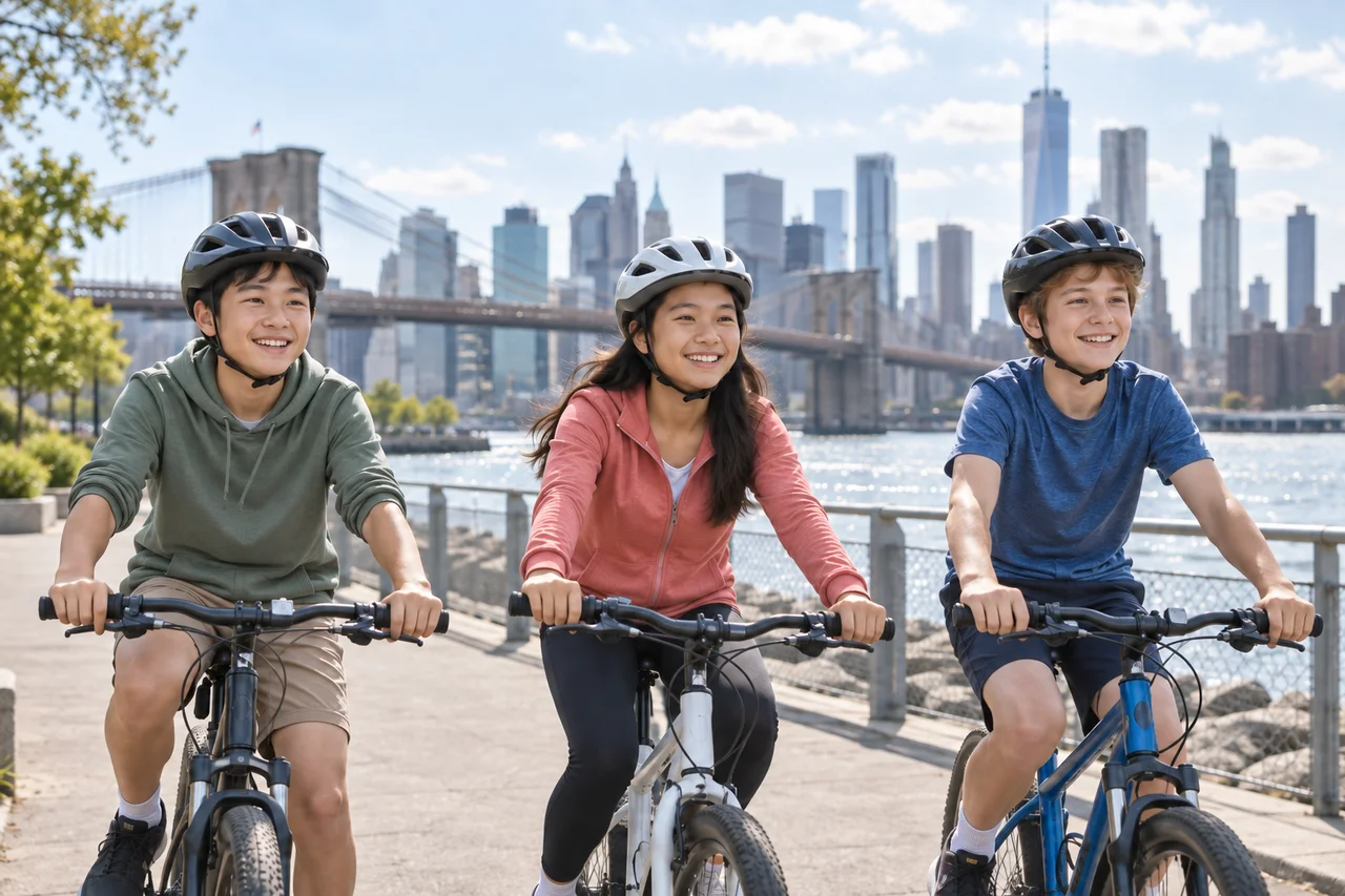 Illustrative photo of three young teens wearing helmets and cycling together by the Brooklyn waterfront